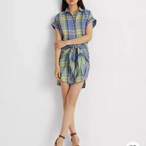 Lauren Ralph Lauren Plaid Tie-Front Linen Shirtdress Size 8